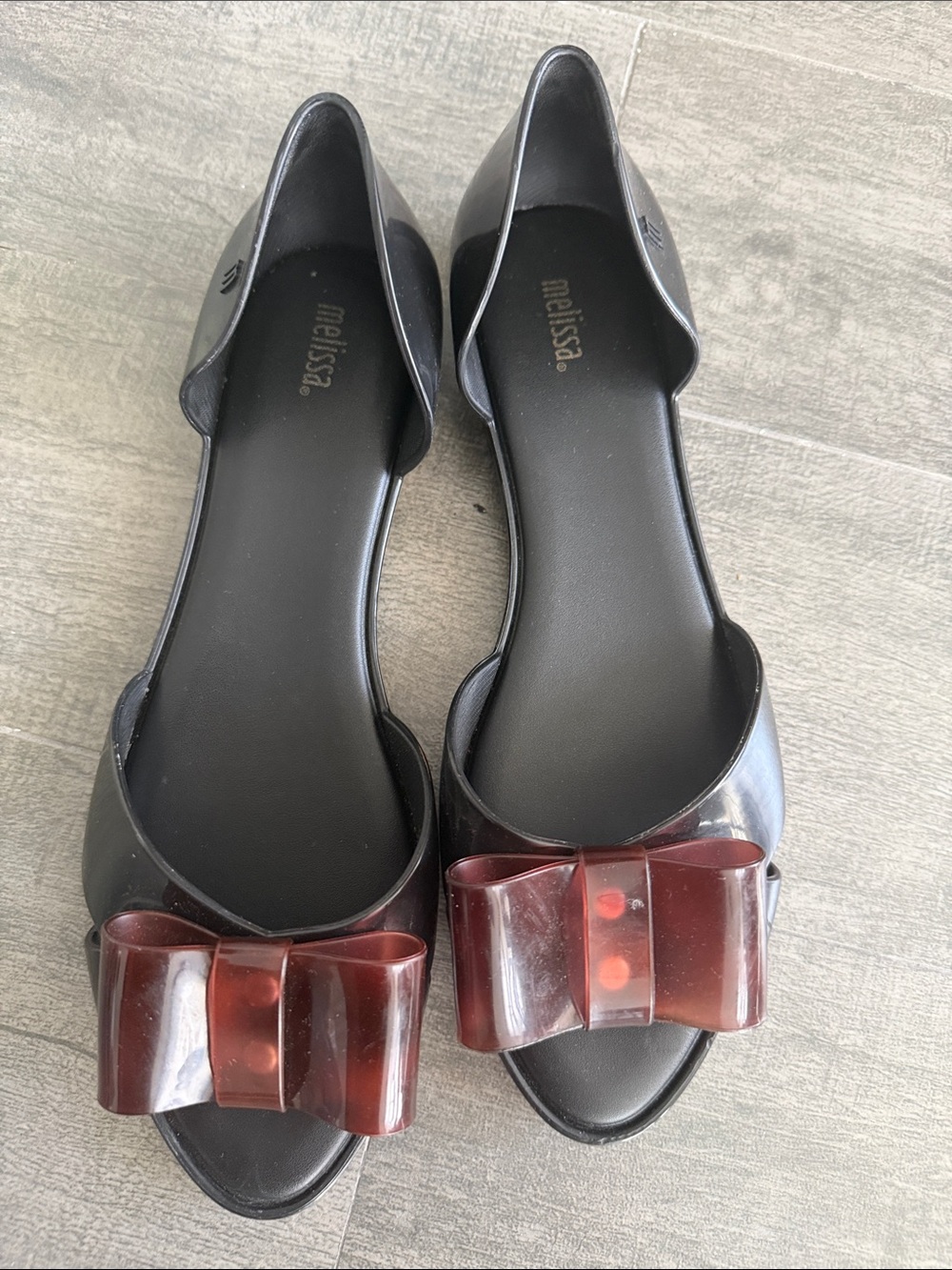 Melissa Black D'Orsay Flats with Burgundy Bow Accent